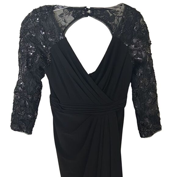 ADRIANNA PAPELL - Lace, Sequin Long Sleeve Pleated Gown - , SZ 2 (US), Black - Picture 6 of 12